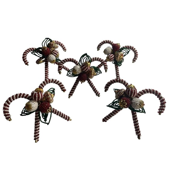 Vintage Pier 1 Beaded Christmas Crossed Candy Cane Ornament Napkin Rings 5pc Set - Picture 3 of 8